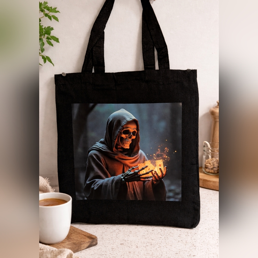Hand Crafted Black Tote Bag with Hooded Skeleton Graphic